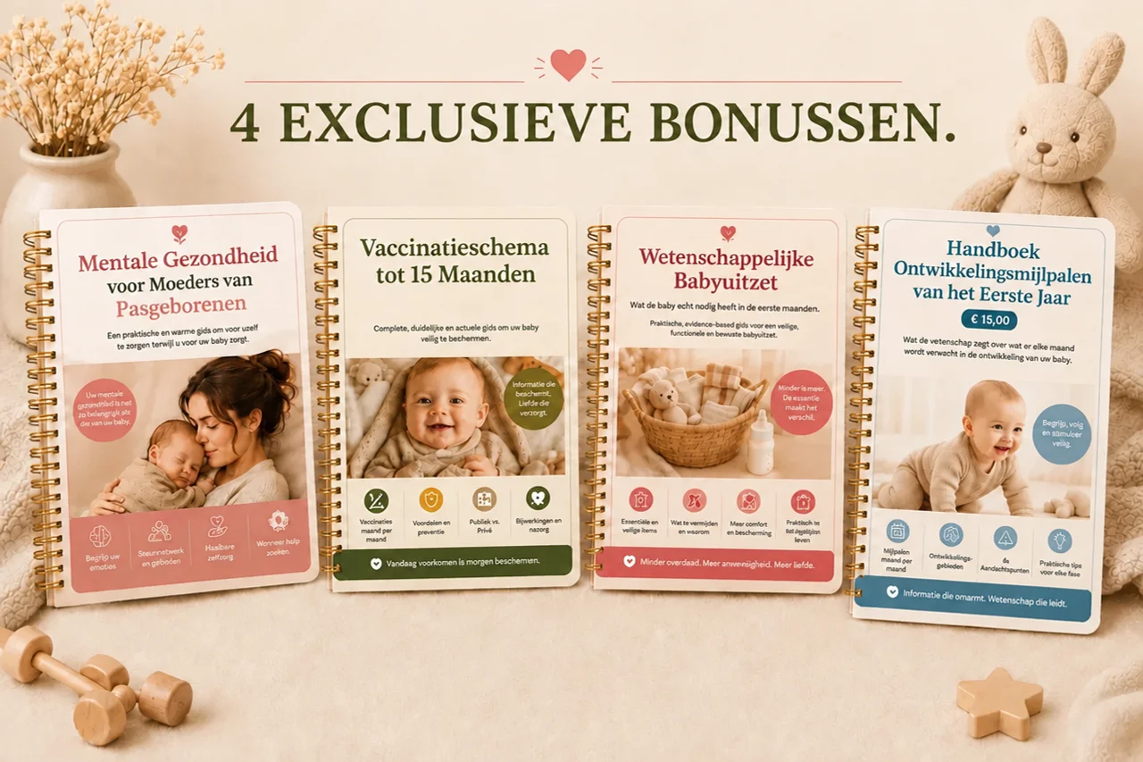 4 Exclusieve bonussen: Mentale Gezondheid voor Moeders van Pasgeborenen, Vaccinatiekalender tot 15 Maanden, Wetenschappelijke Babyuitzet en Handleiding Ontwikkelingsmijlpalen