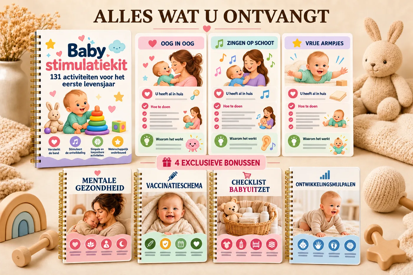 Alles wat u ontvangt: de Babystimulatiekit, vier bonussen, 131 activiteiten en meer dan 100 praktische tips
